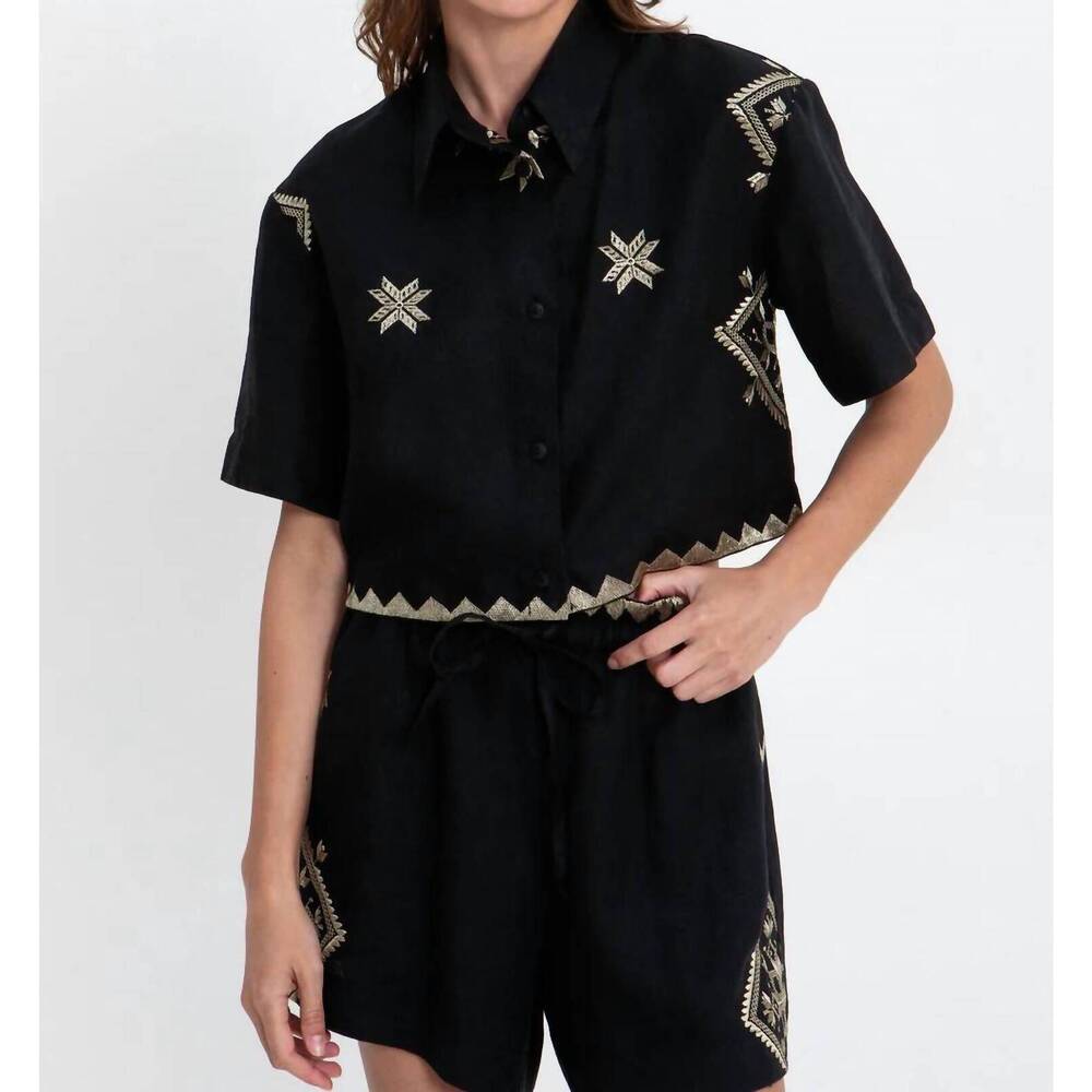 NEW GREEK ARCHAIC KORI cropped lefkada short sleeve shirt in black-gold